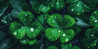 ai genererad. Foto realistisk illustration av topp se grön färsk klöver löv. irländsk symbol. ai generativ. grafisk konst