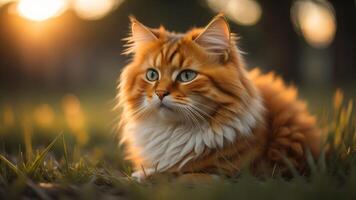 söt orange katt på en fält av gräs med skimrande solnedgång ljus, ai genererad foto