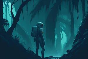 astronaut finner en skog på en planet, ai genererad foto