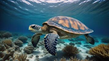 hav sköldpadda i de skön blå hav, ai genererad foto