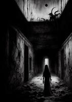 illustration av de mörk, kuslig, och spänd atmosfär inuti en psykiatrisk sjukhus, ai genererad foto