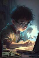 illustration av en pojke arbetssätt på hans bärbar dator, ai generativ foto