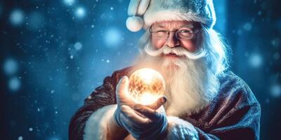 santa claus innehav lysande jul boll illustration ai generativ foto