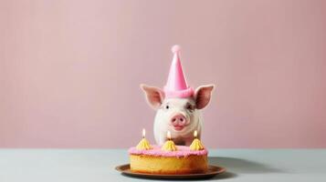 söt födelsedag gris med kaka. illustration ai generativ foto