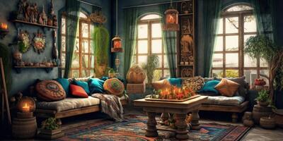 bohemisk stil levande rum med jul dekoration illustration ai generativ foto