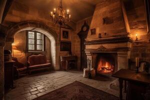 mysigt öppen spis i en rum i en medeltida gotik slott. ai genererad foto