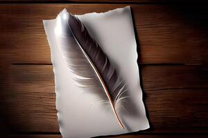 underbar fjäder på en tom ark av papper som en symbol av poesi i de trä bakgrund. generativ ai foto