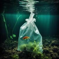 en plast väska med en fisk generativ ai genererad foto