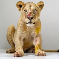 en lejon med blod på dess ansikte generativ ai genererad foto