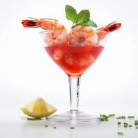 en glas av räka cocktail med en citron- generativ ai genererad foto