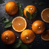 flera apelsiner med löv generativ ai genererad foto