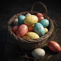 en korg av påsk ägg med en blomma generativ ai genererad foto