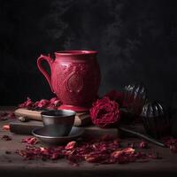 en röd kopp med en blomma generativ ai genererad foto