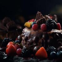 en choklad kaka med frukt och bär generativ ai genererad foto