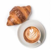 en kopp av kaffe med en croissant generativ ai genererad foto