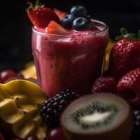 en glas av frukt med en jordgubbar generativ ai genererad foto