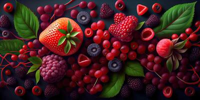 röd frukt och mycket färgrik frukter. generativ ai foto