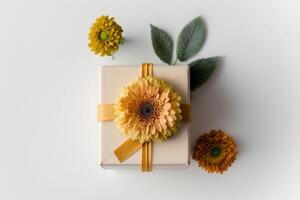 gåva låda insvept i kraft papper och färsk blommor, ai generativ foto