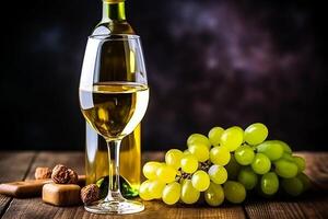 flaska av vit vin med vinglas mogen druva, ai generativ foto