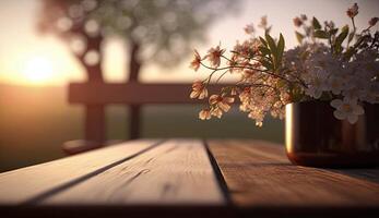 trä- tom eller tömma bordsskiva i vår säsong på morgon- med solnedgång ljus, vår sommar blommor dekorationer och natur se för falsk upp, med generativ ai. foto