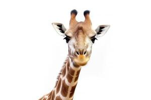 stänga upp huvud av giraff isolerat på vit bakgrund, de afrikansk vild djur- i savann safari, mycket lång huvud, med generativ ai. foto