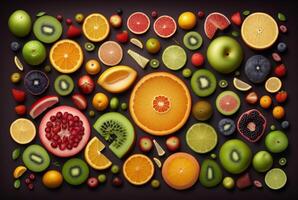 topp se av färsk frukt ordentligt anordnad för bakgrund. generativ ai. foto