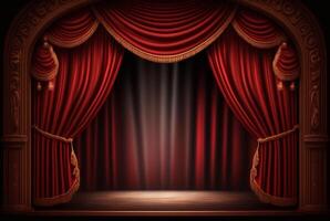 magi teater skede röd gardiner visa strålkastare. generativ ai foto