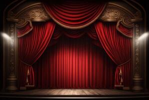 magi teater skede röd gardiner visa strålkastare. generativ ai foto
