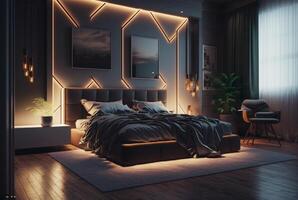 en lyxig inhemsk rum upplyst på natt, med invecklad möbel och arkitektur visa upp rikedom och bekvämlighet. generativ ai foto
