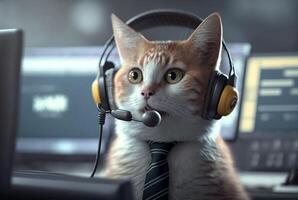 en katt arbetssätt på en dator bär en kostym och hörlurar. generativ ai foto