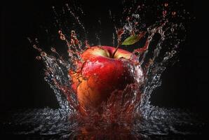 röd äpple med vatten stänk isolerat på svart bakgrund. generativ ai foto