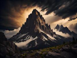 fantasi landskap med bergen i de moln. generativ ai foto