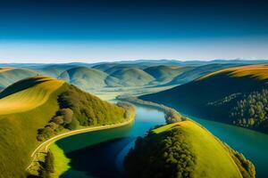 antenn se av skön landskap med blå sjö och grön kullar. generativ ai foto