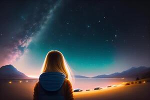 kvinna ser på de mjölkig sätt och starry himmel i de öken. generativ ai foto