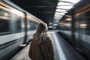 bak- se på ung kvinna på tåg station med snabb rör på sig tåg, skapas med generativ ai foto