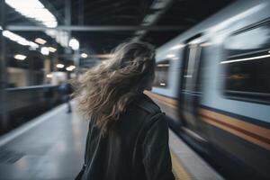bak- se på ung kvinna på tåg station med snabb rör på sig tåg, skapas med generativ ai foto