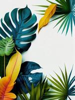 platt lägga layout tillverkad av tropisk löv, skapas med generativ ai foto