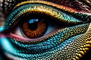 närbild av en drake öga med en drake öga mönster på de iris och en gul iris, realistisk ögon, makro fotografi, holografi. generativ ai, generativ, ai foto