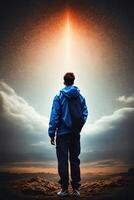 en man stående på en kulle och ser upp till de himmel med en ljus stråle av ljus ovan honom och en stjärna, bok omslag, affisch, Plats konst. generativ ai, generativ, ai foto