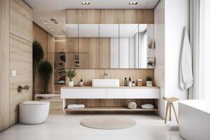 vit och trä- badrum interiör design, generativ ai foto