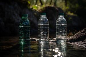 vatten flaskor i en skog, generativ ai foto