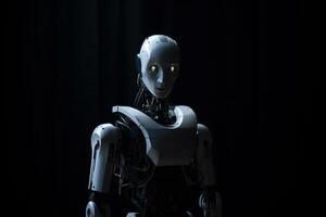 ett artificiell intelligens stående i en mörk rum ser på de kamera, generativ ai foto