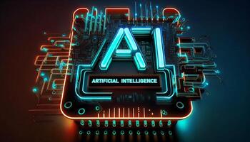 ai artificiell intelligens logotyp på chipset krets styrelse, framtida cybernetiska artificiell intelligens teknologi begrepp, ai genererad illustration foto