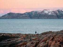 en silhuett, en figur på en brant klippa mot de bakgrund av de solnedgång arktisk himmel. foto