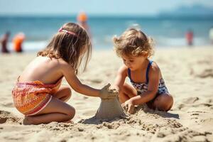 barn spelar sand på de strand ai generera foto