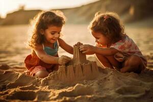 barn spelar sand på de strand ai generera foto
