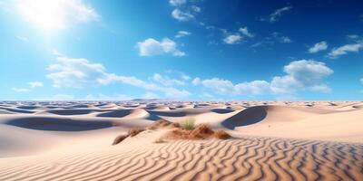 öken- sand sanddyner under blå himmel med moln med ai genererad. foto