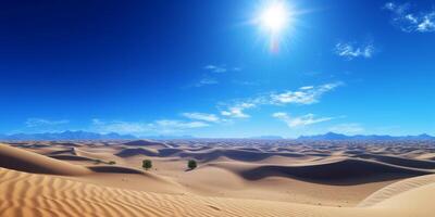 öken- sand sanddyner under blå himmel med moln med ai genererad. foto