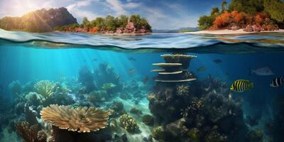 under vattnet se av tropisk ö med korall rev och sandig strand med ai genererad. foto