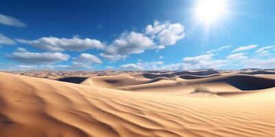 öken- sand sanddyner under blå himmel med moln med ai genererad. foto